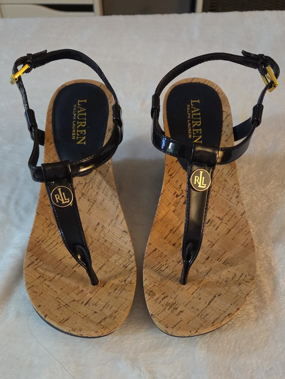 Lauren Ralph Lauren Navy Patent Cork Wedge Thong Sandals